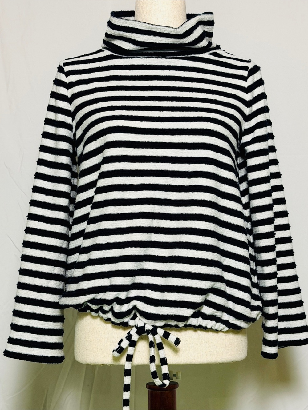 LOFT Black & White Striped Turtleneck Drawstring Top, cozy, comfy,